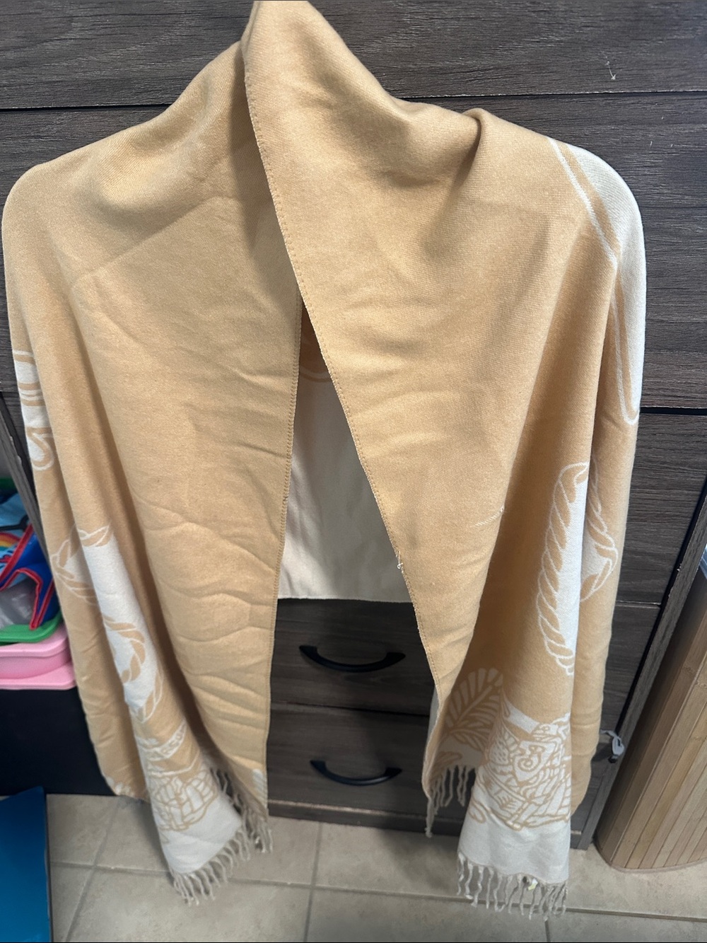 Etro Beige and Cream Paisley Fringe Wrap Scarf